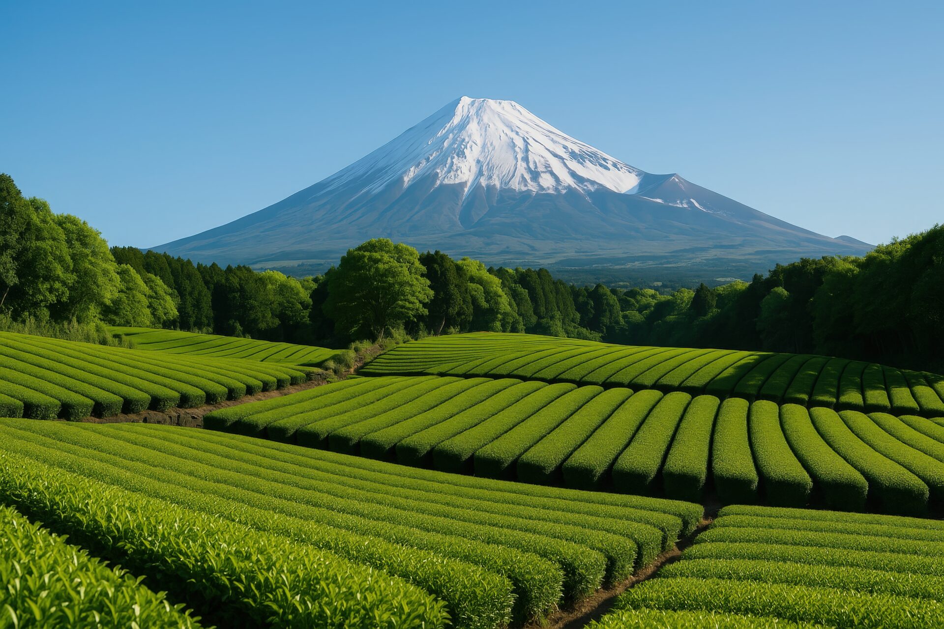 富士山を背景に広がる美しい茶畑の風景