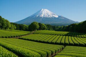 富士山を背景に広がる美しい茶畑の風景