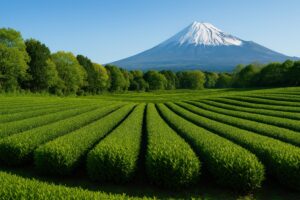 新緑の茶畑と富士山が織りなす日本の田園風景