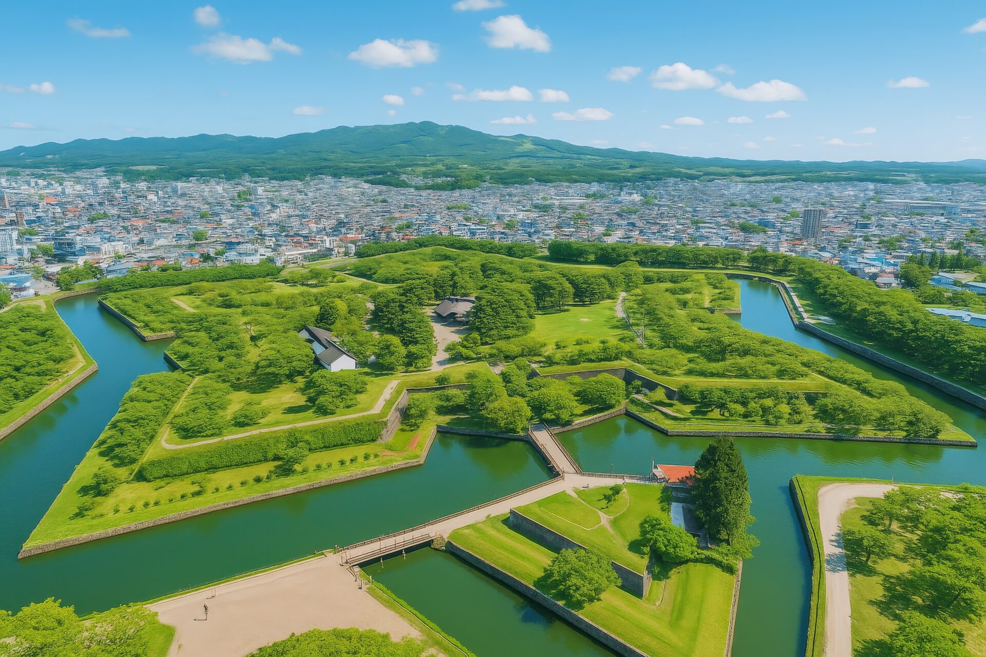 新緑に包まれた五稜郭の空撮風景