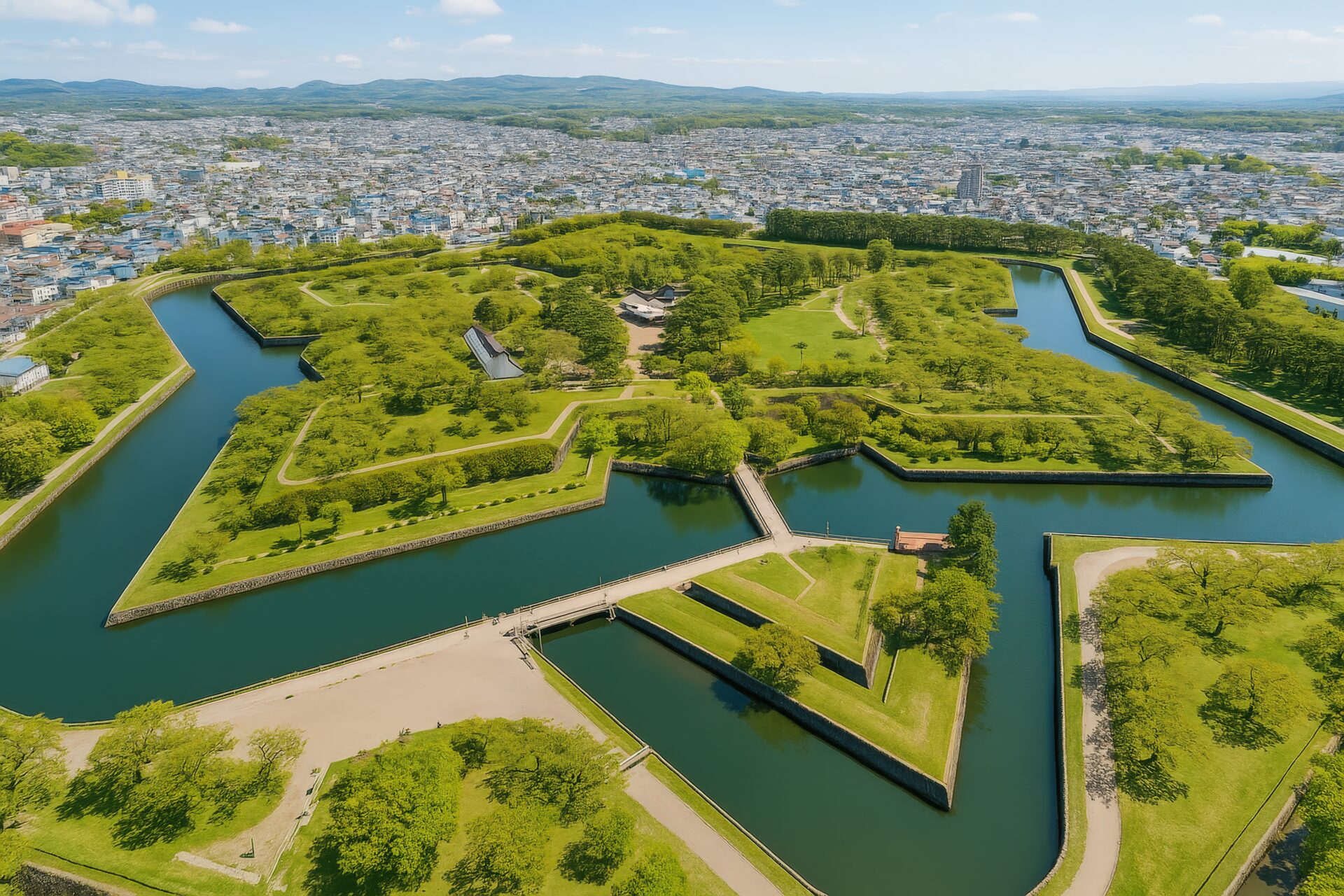 市街地に広がる五稜郭公園の俯瞰風景