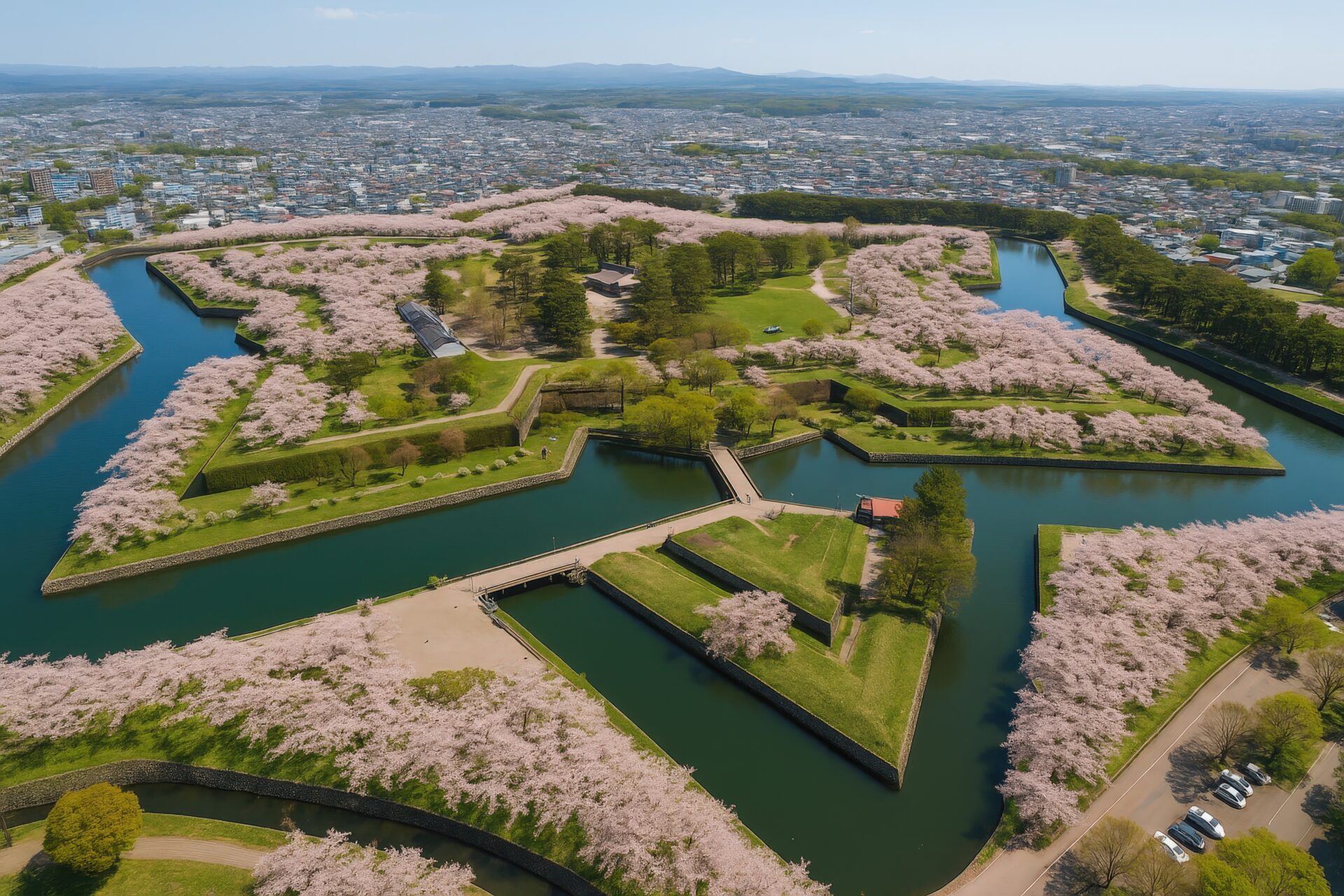 桜満開の五稜郭を上空から捉えた絶景