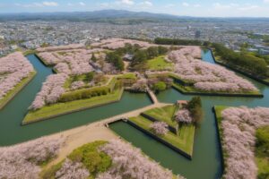 春の五稜郭公園と桜並木の俯瞰風景