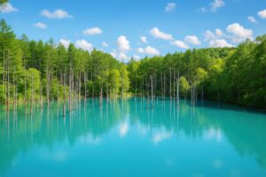 青い池と立ち枯れた木々が広がる美瑛の風景