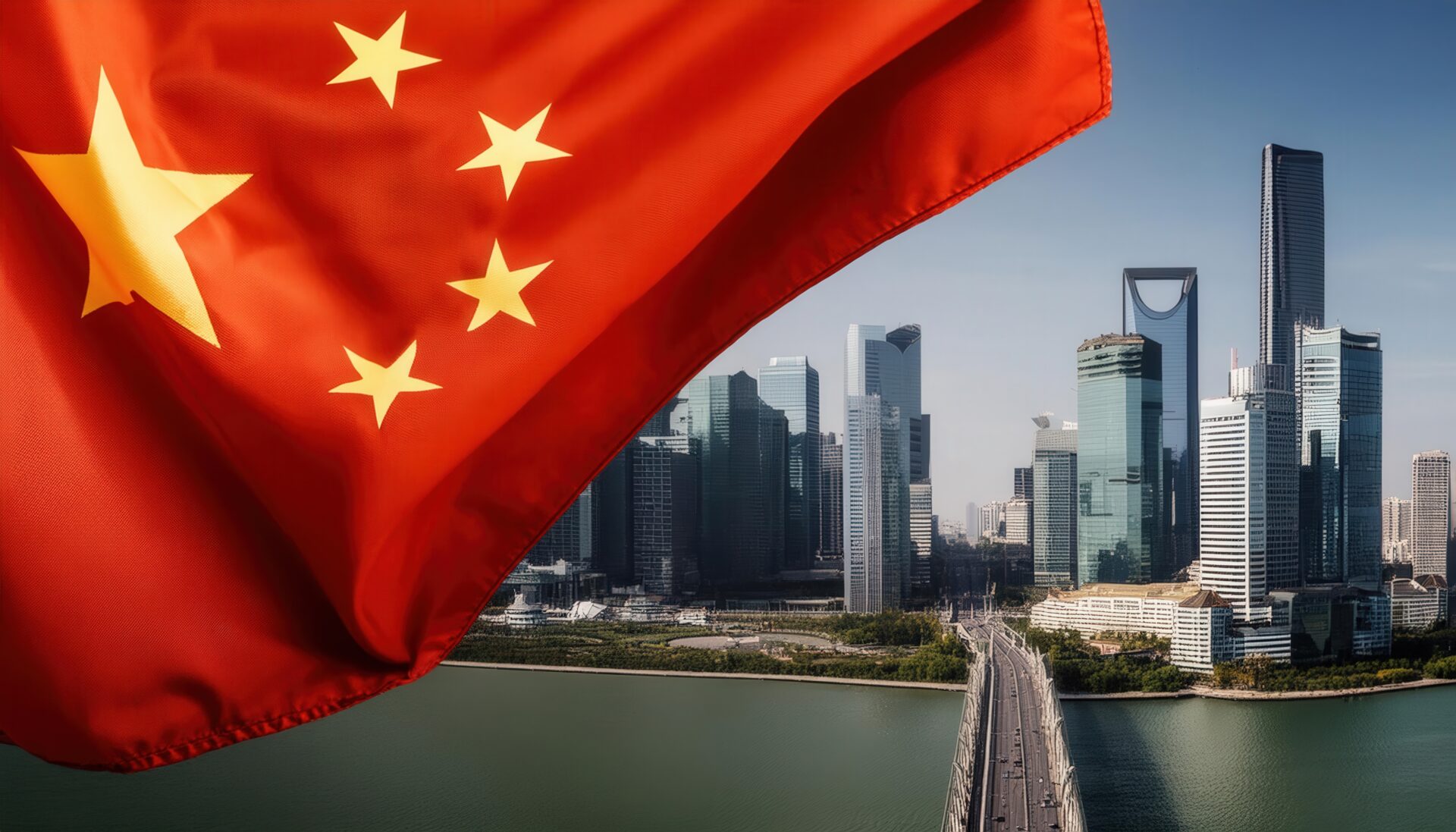 中国国旗と川沿いの近代都市景観