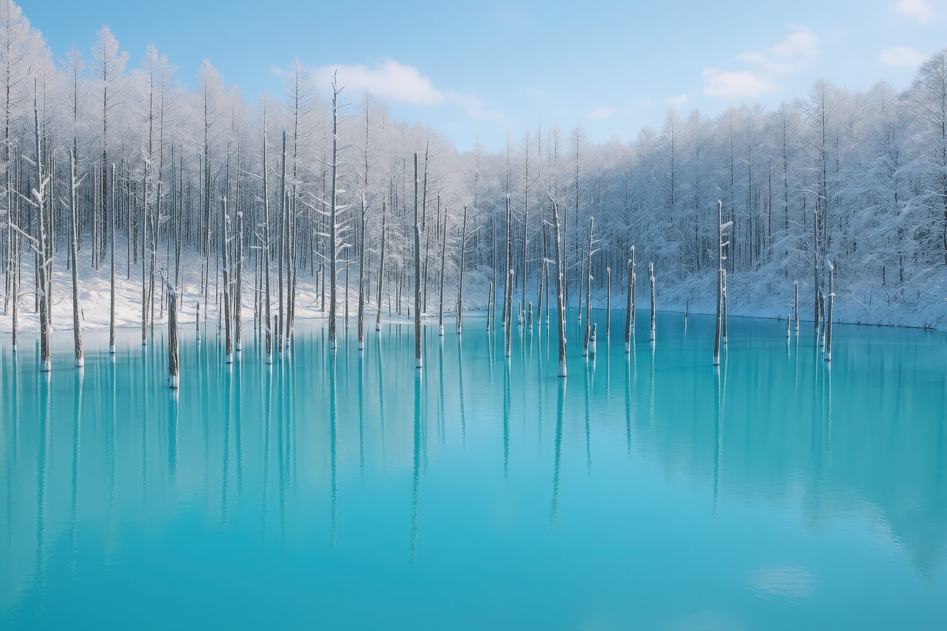 冬の青い池と雪化粧の森が広がる美瑛の風景