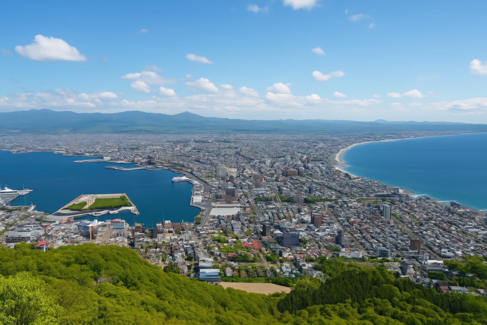 青空の下に広がる函館市街と海岸線の風景