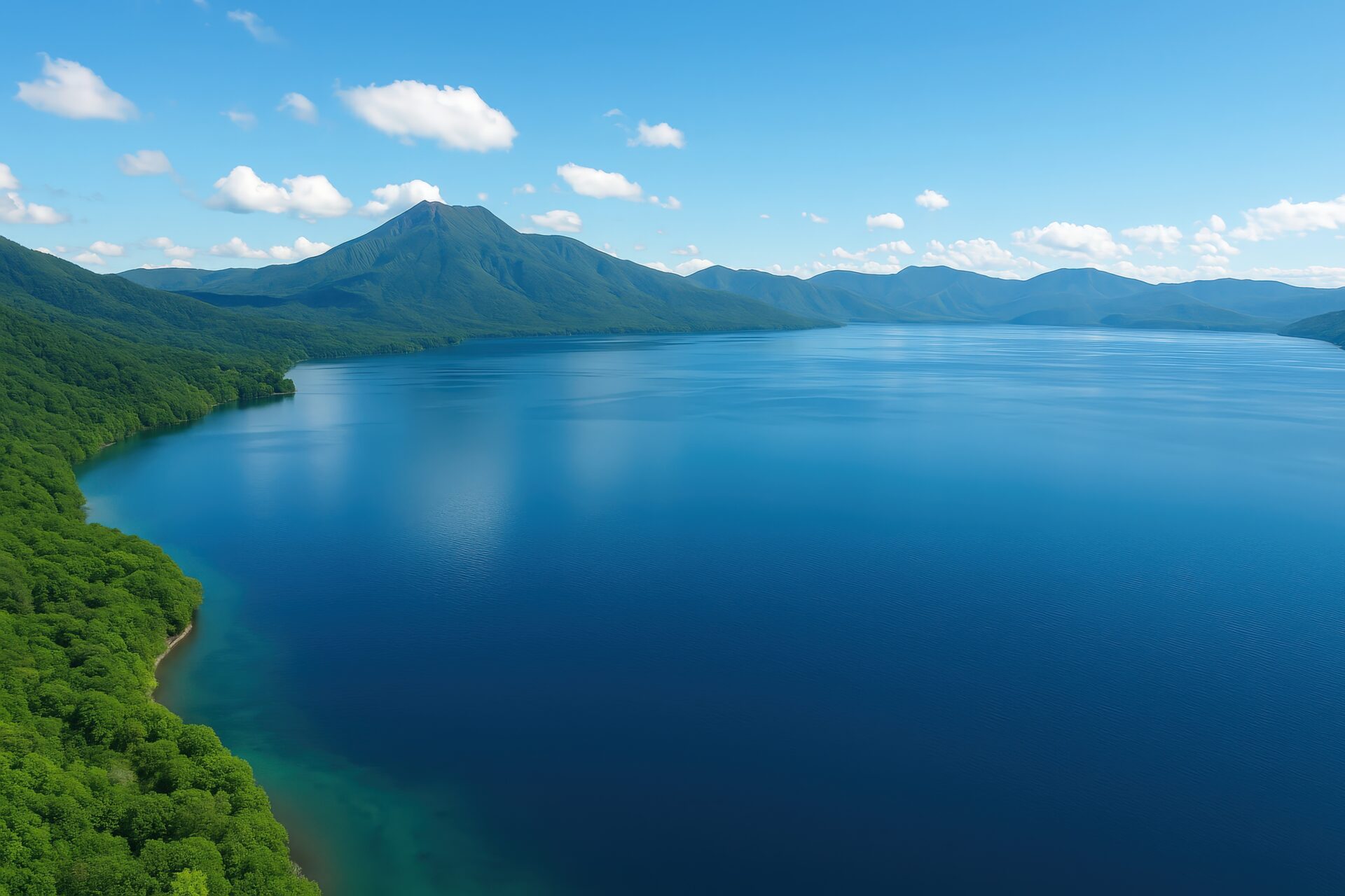 新緑に囲まれた摩周湖と雄大な山々の風景