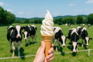 牧場の牛たちとソフトクリームの北海道らしい風景