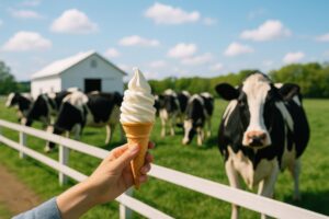 牧場と牛たちを背景にした手持ちソフトクリーム