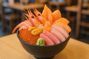 海老やサーモンなど新鮮な海の幸が並ぶ海鮮丼