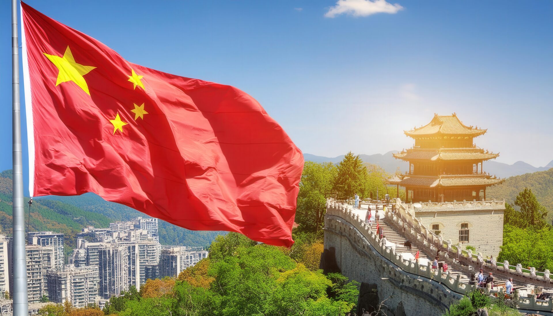 中国国旗と高層ビルと都市景観