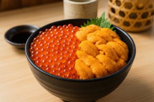 丁寧に盛り付けられたウニいくら丼と醤油小皿