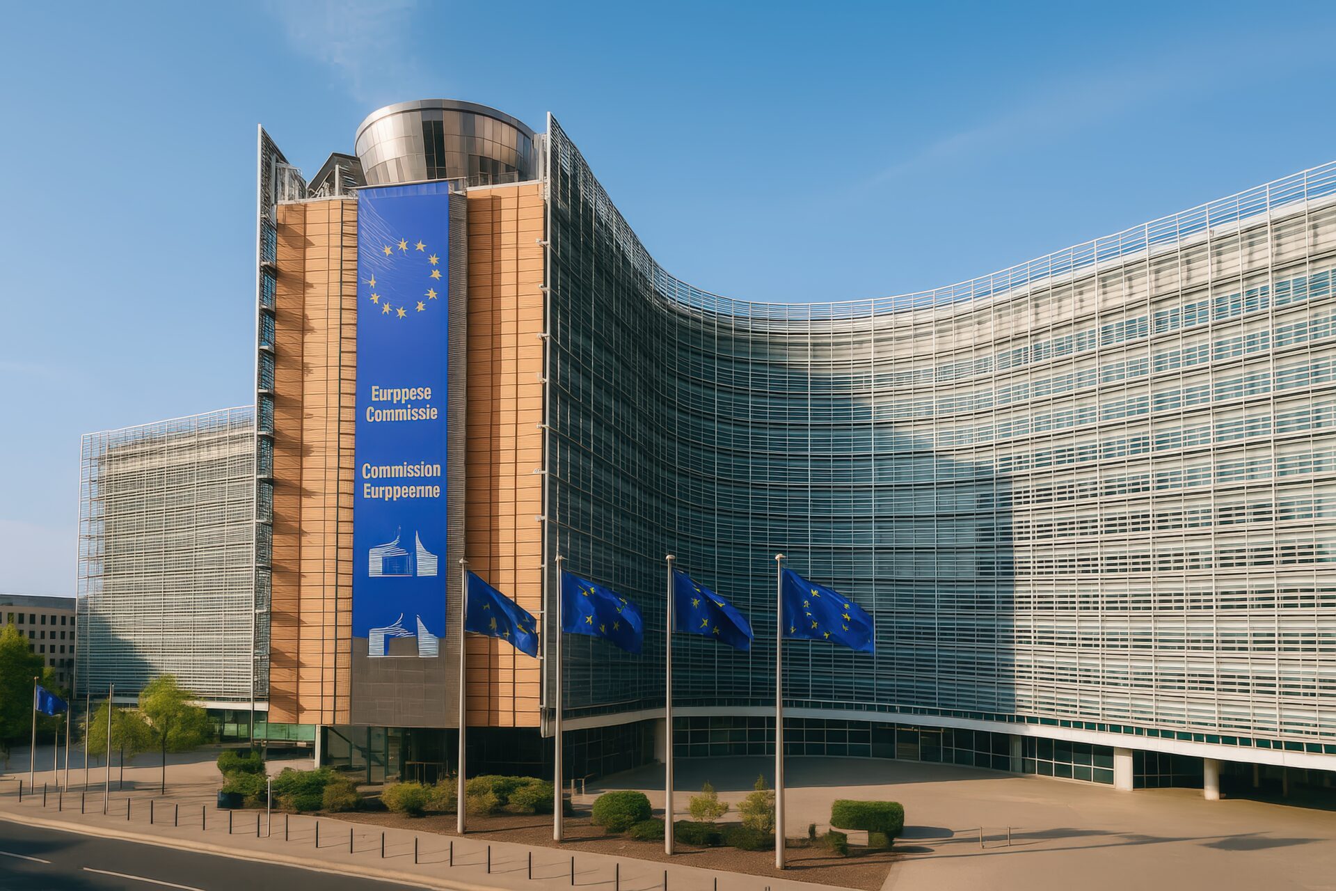 欧州連合本部とEU旗が並ぶ広場の風景