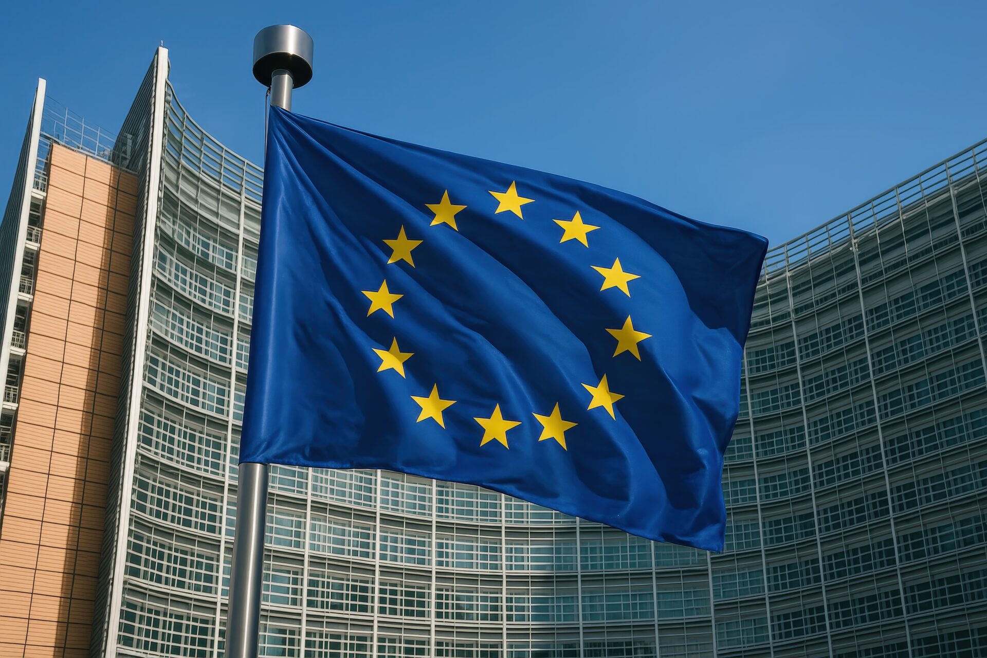 ビルを背景に風にたなびく欧州連合の旗