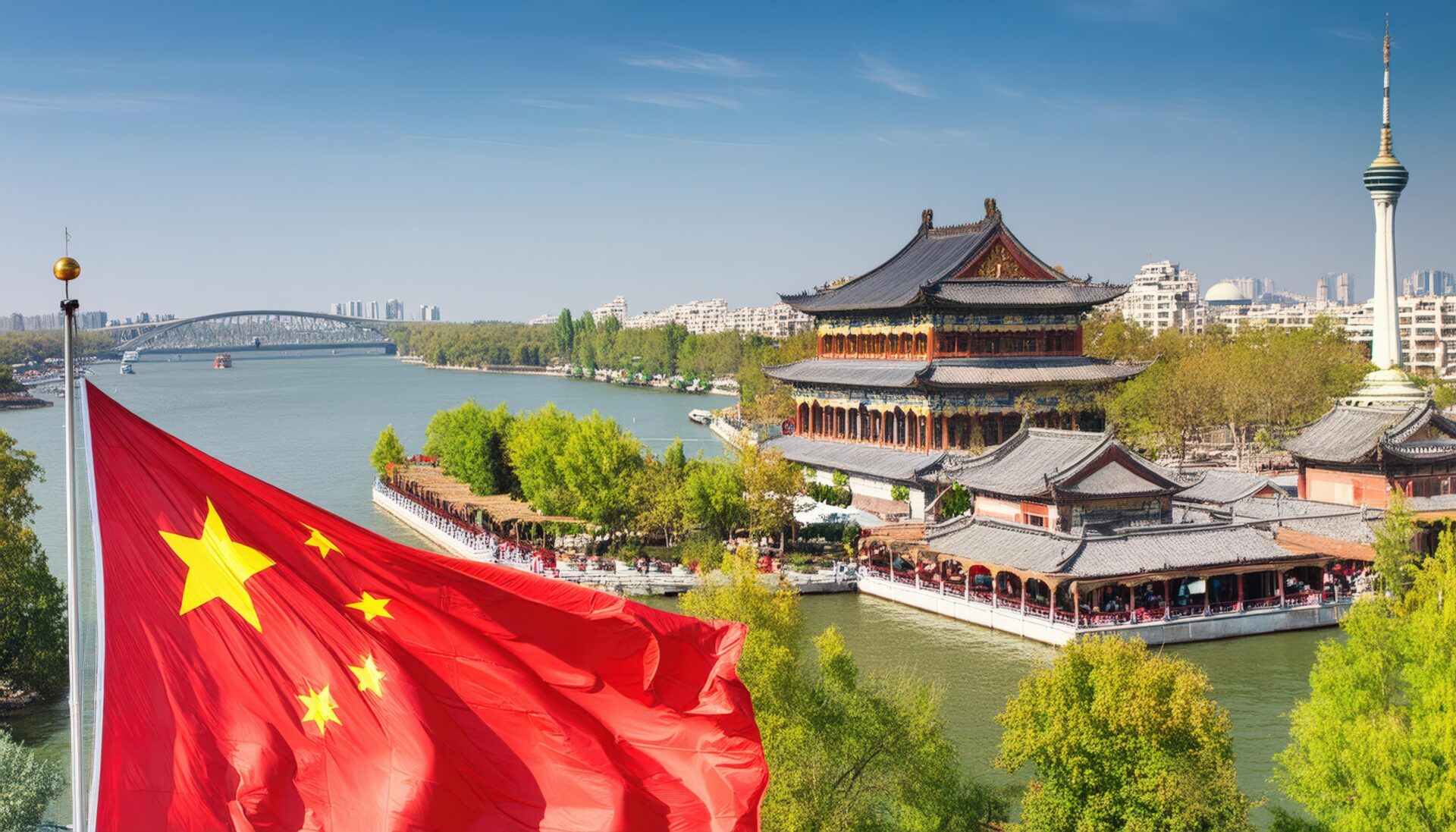 中国国旗と川沿いの歴史的建築