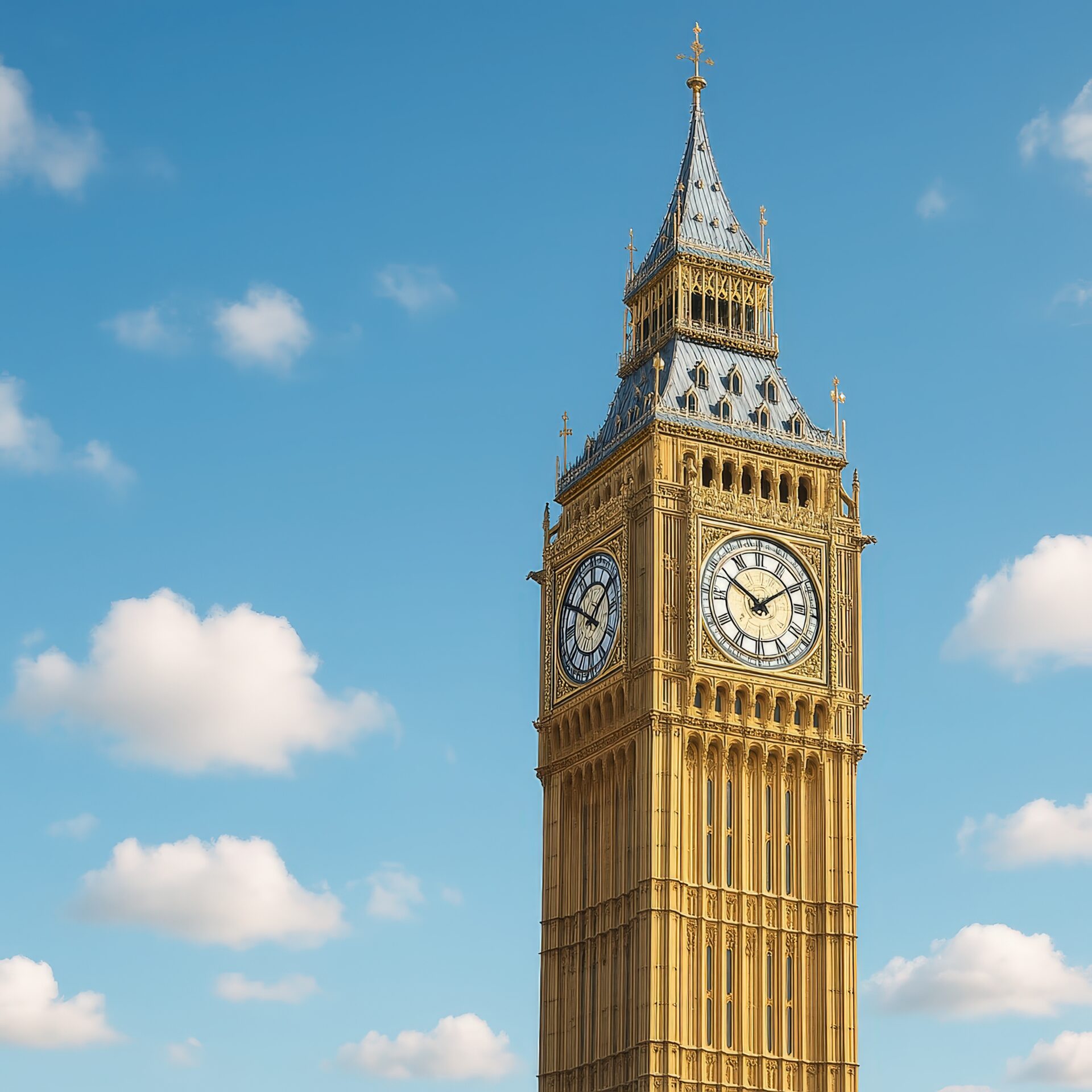 青空に映えるビッグベンの時計塔