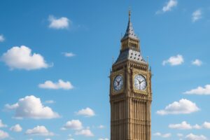 快晴の空を背景にしたロンドンのビッグベン