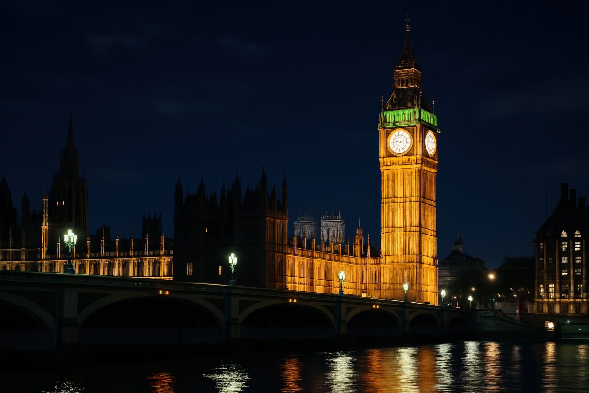 夜にライトアップされたビッグベンと橋の風景