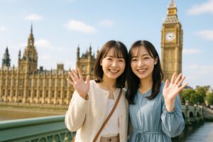 ビッグベンを背景に笑顔で手を振る若い女性二人