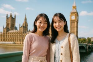 ロンドン観光中の若い女性二人の記念撮影