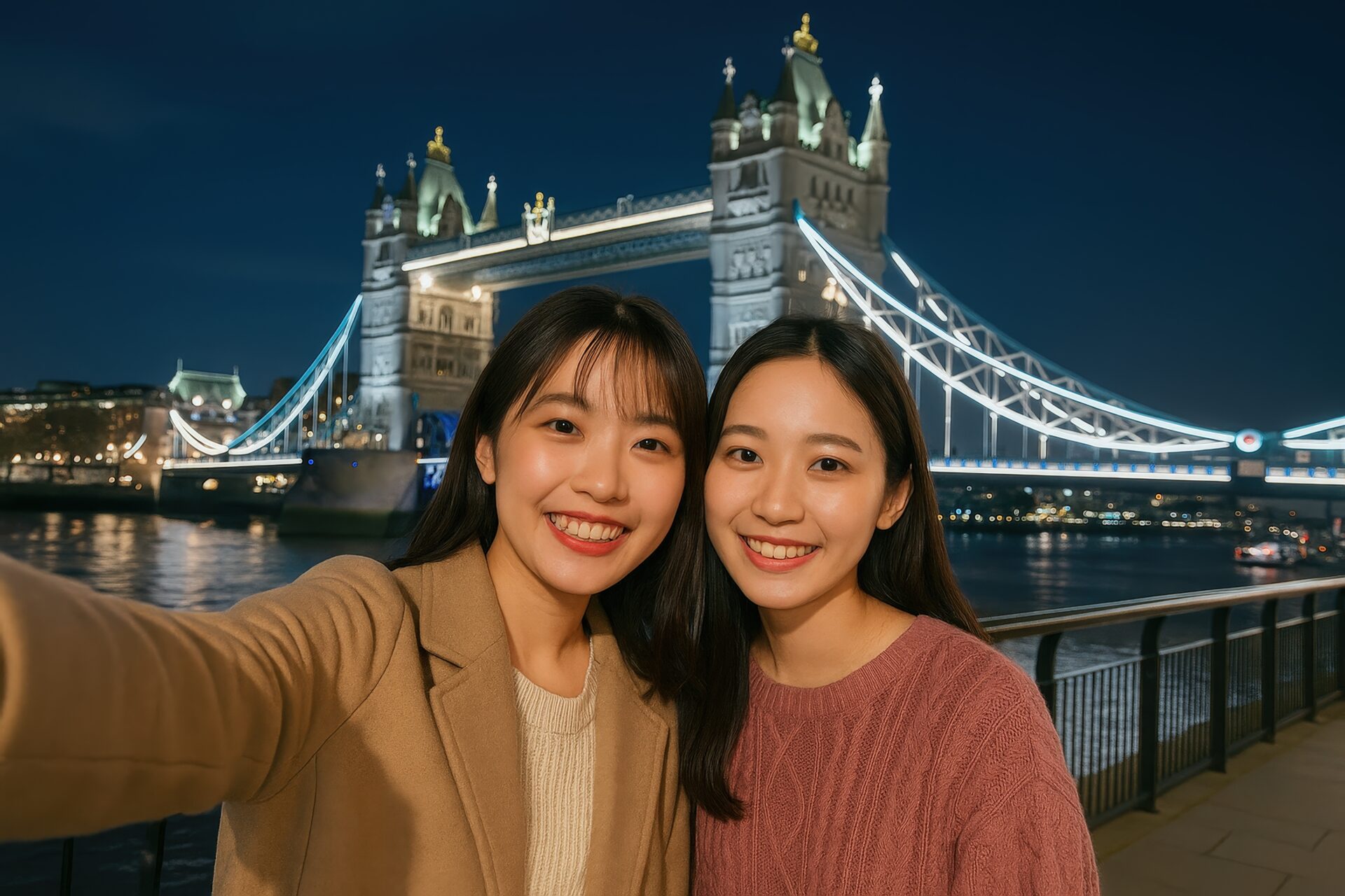 夜のロンドン塔橋を背景に自撮りする女性二人