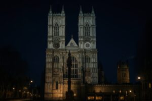 夜にライトアップされたウェストミンスター寺院
