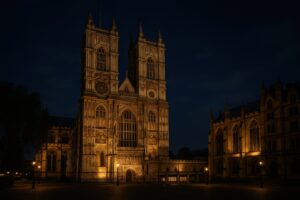 ライトアップで浮かび上がる夜のウェストミンスター寺院