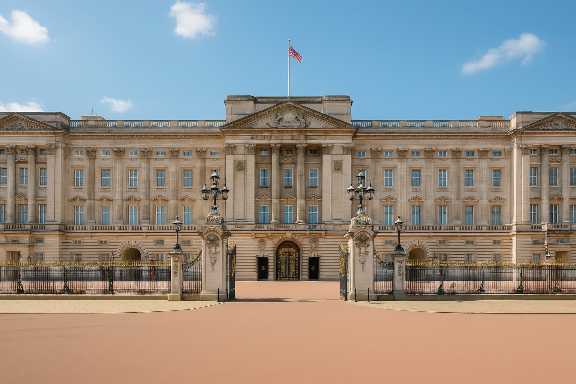晴天の下で見るバッキンガム宮殿の外観