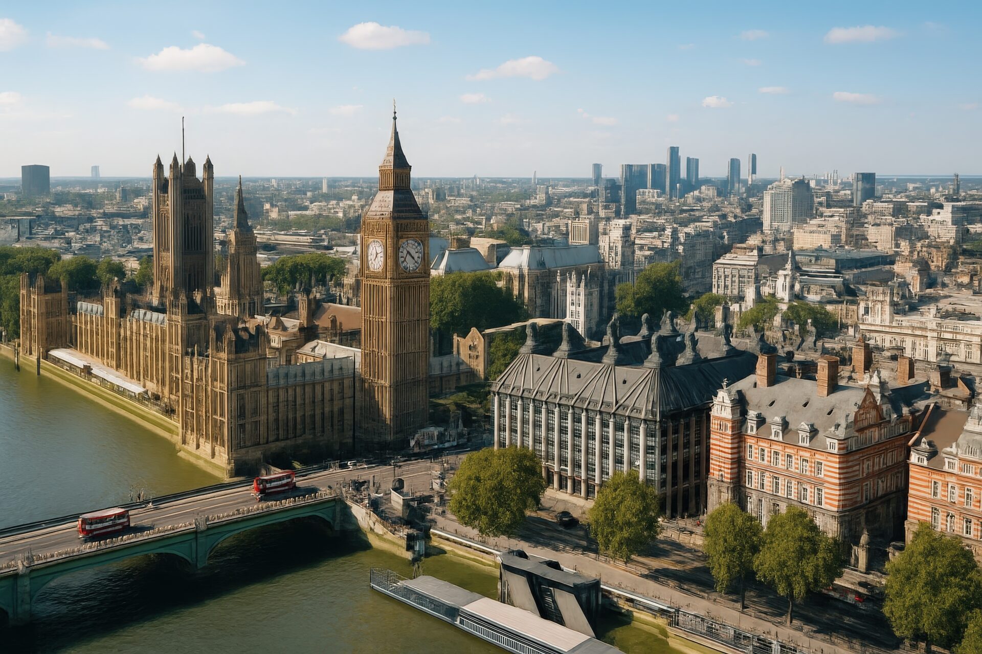 ロンドンのビッグベンと国会議事堂を見下ろす街並み