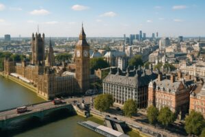 ロンドンのビッグベンと国会議事堂を見下ろす街並み