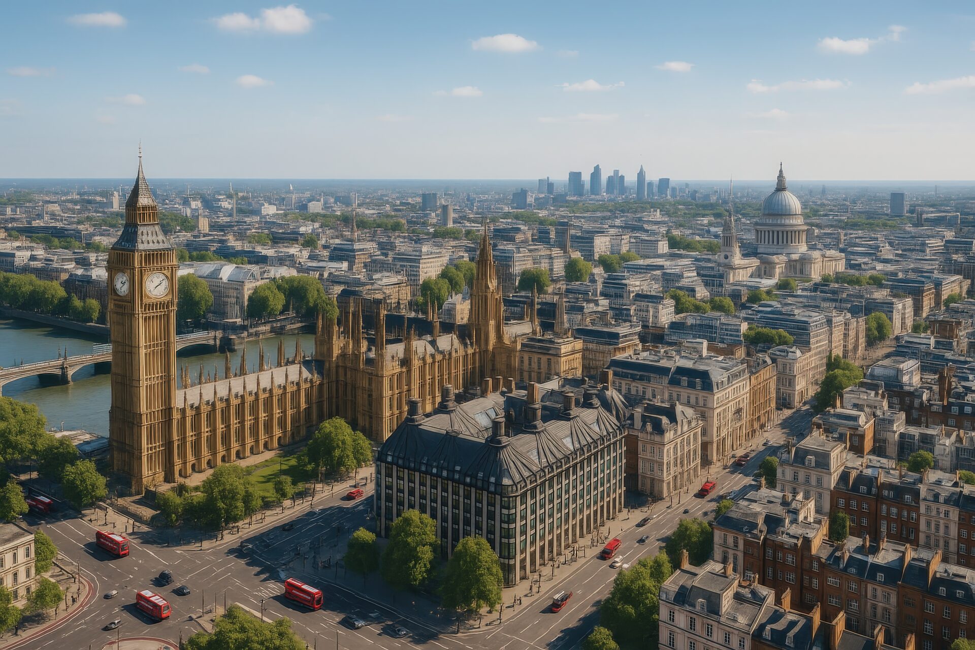 ロンドン市街を一望するビッグベンとセントポール大聖堂の風景