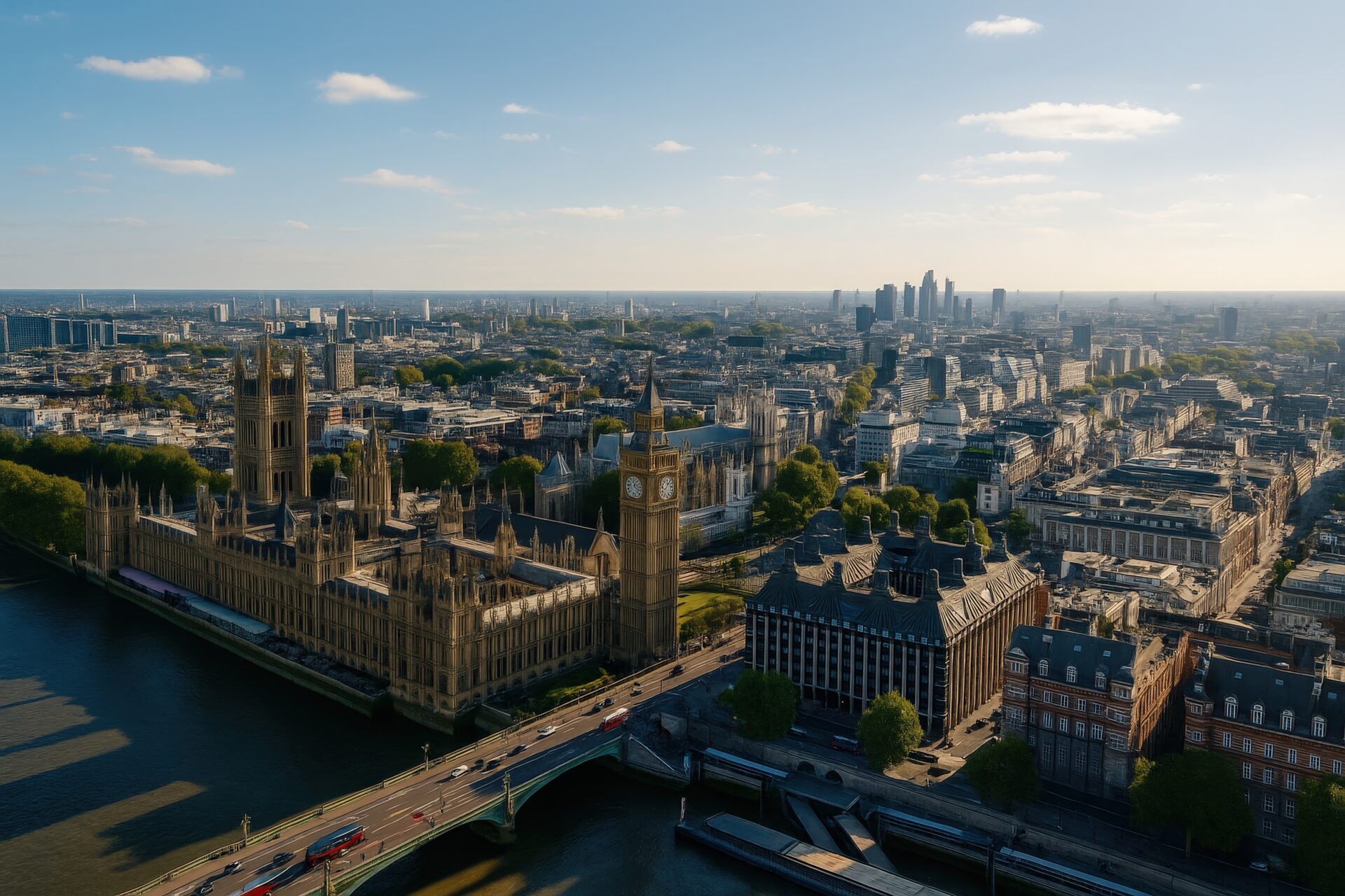 夕暮れのロンドン上空から望むビッグベンと街並み