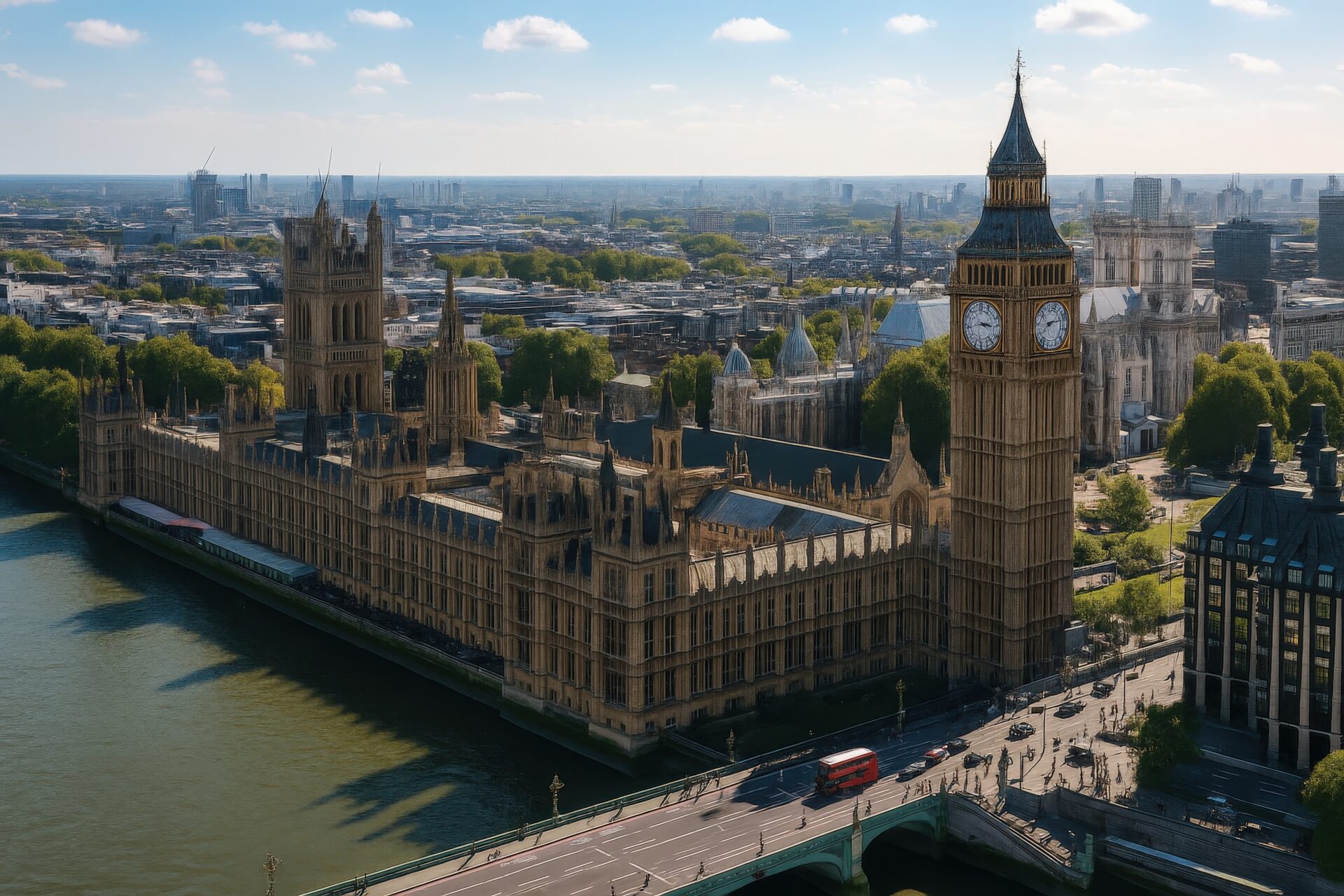 テムズ川沿いのビッグベンとロンドン市街の俯瞰風景