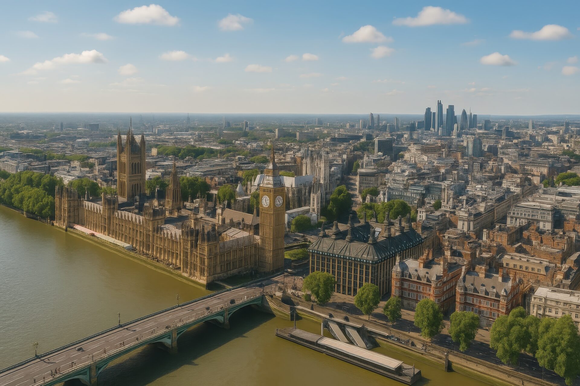 ロンドンの街並みとビッグベンを望む空撮