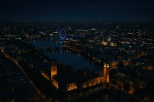 ライトアップされたロンドン市街とビッグベンの夜景
