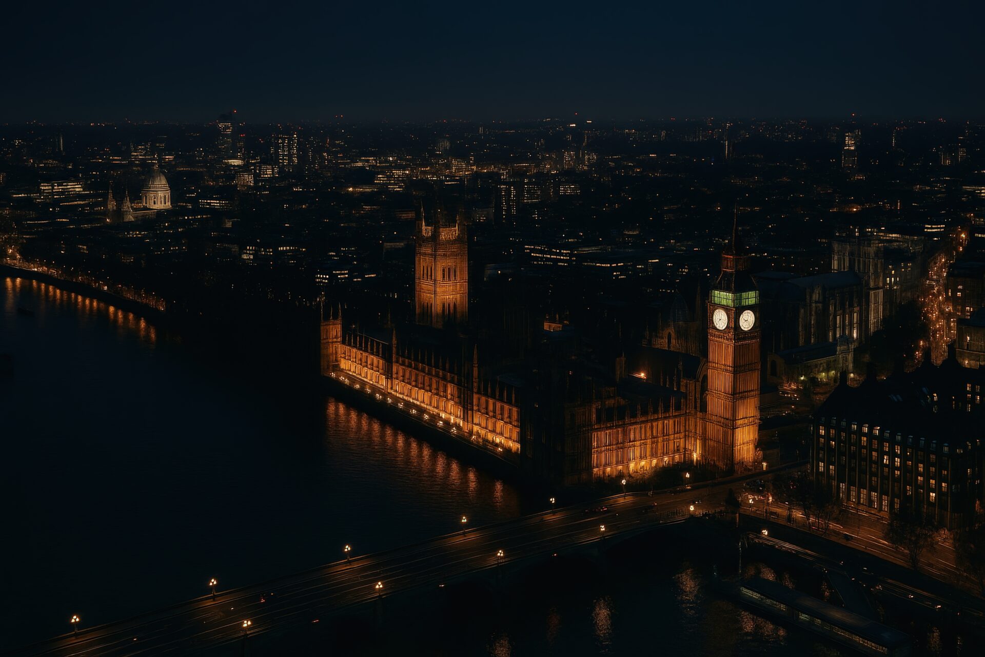 ビッグベンとロンドンの街並みが広がる夜の空撮風景