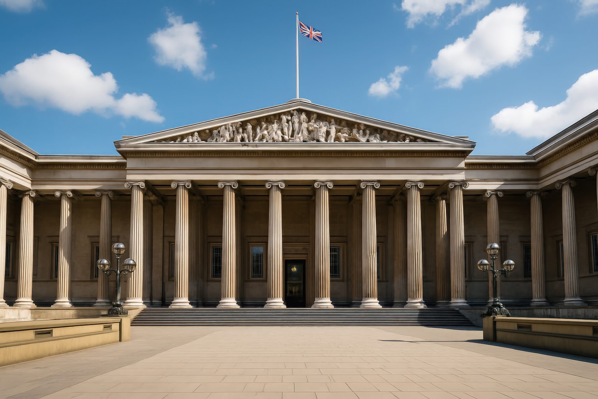 イギリス国旗が掲げられた大英博物館の正面外観