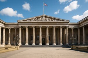 イギリス国旗が掲げられた大英博物館の正面外観