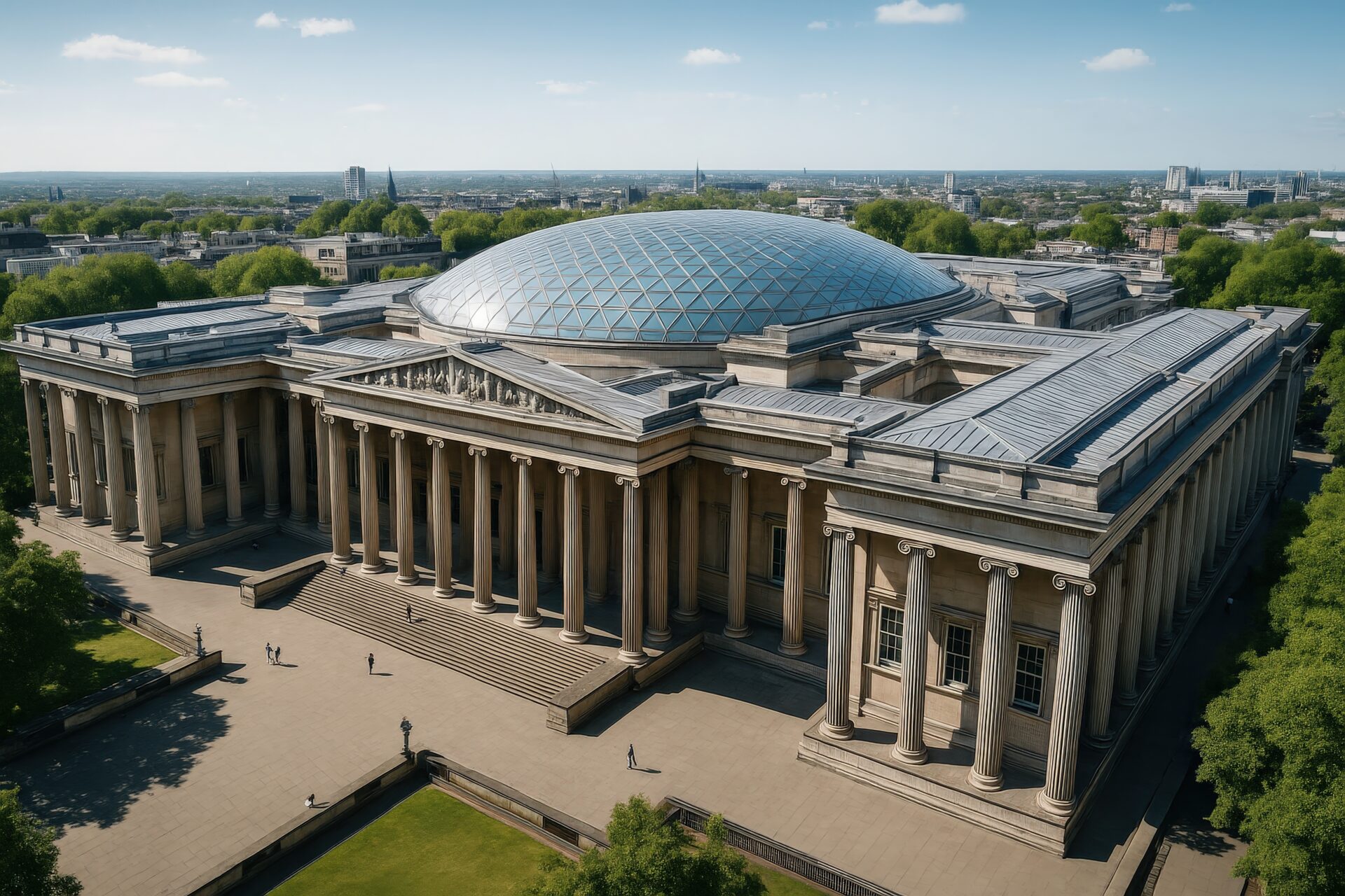 ガラス屋根のある大英博物館を上空から望む風景