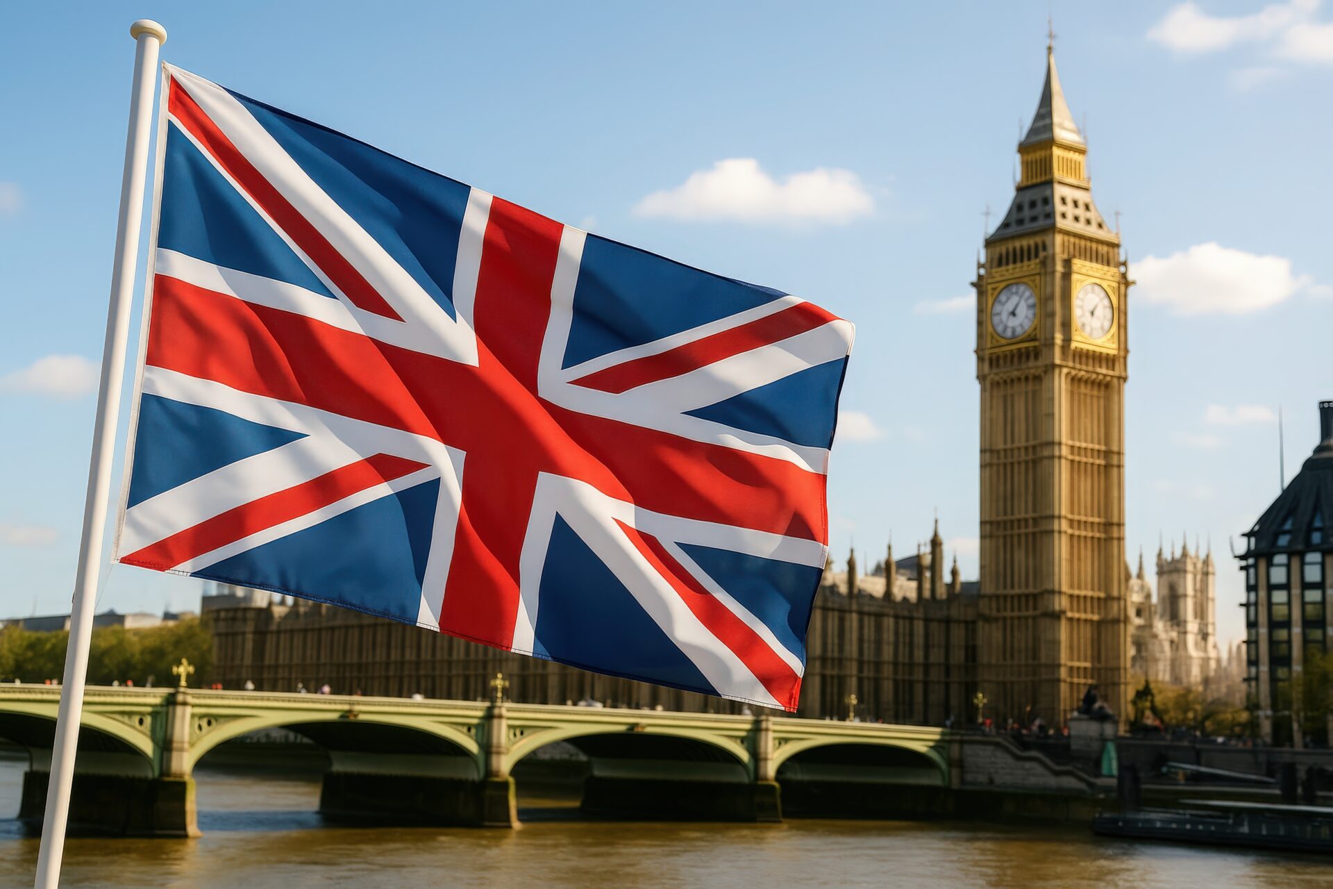 ユニオンジャックとビッグベンを背景にしたロンドンの風景