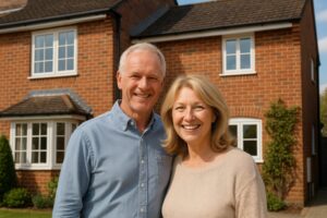 レンガ造りの家の前で微笑むイギリス人の熟年夫婦