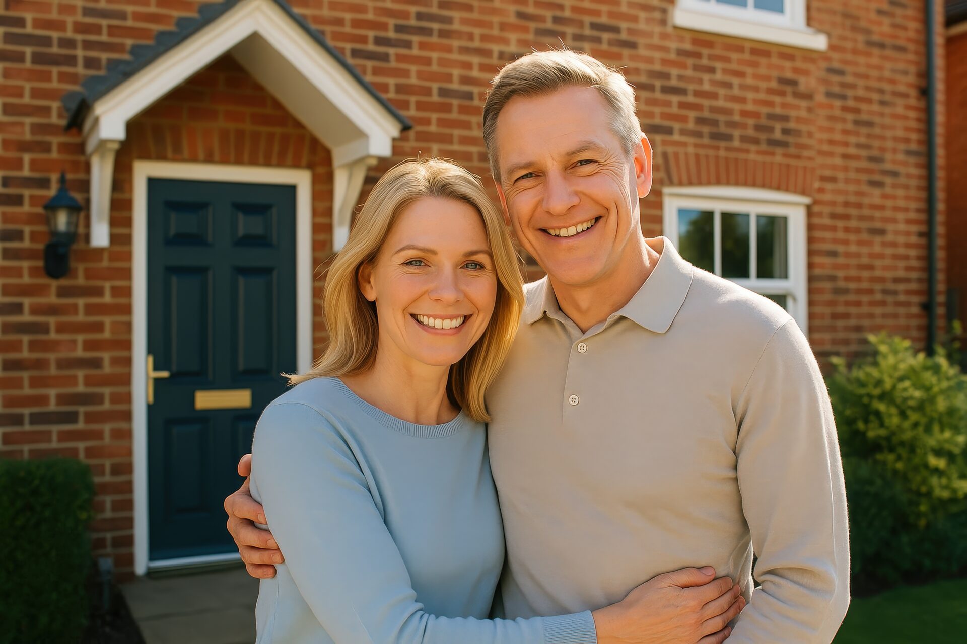 玄関前で腕を組んで笑顔を見せるイギリス人の中年夫婦