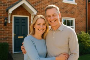 玄関前で腕を組んで笑顔を見せるイギリス人の中年夫婦