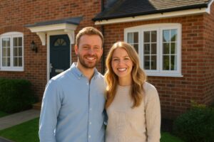 住宅街の前で仲良く並ぶイギリス人の若いカップル