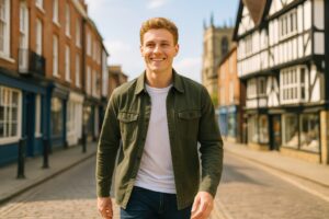 石畳の街並みを歩くイギリス人の若い男性
