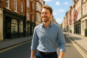 ユニオンジャックが掲げられた街を歩くイギリス人の若い男性