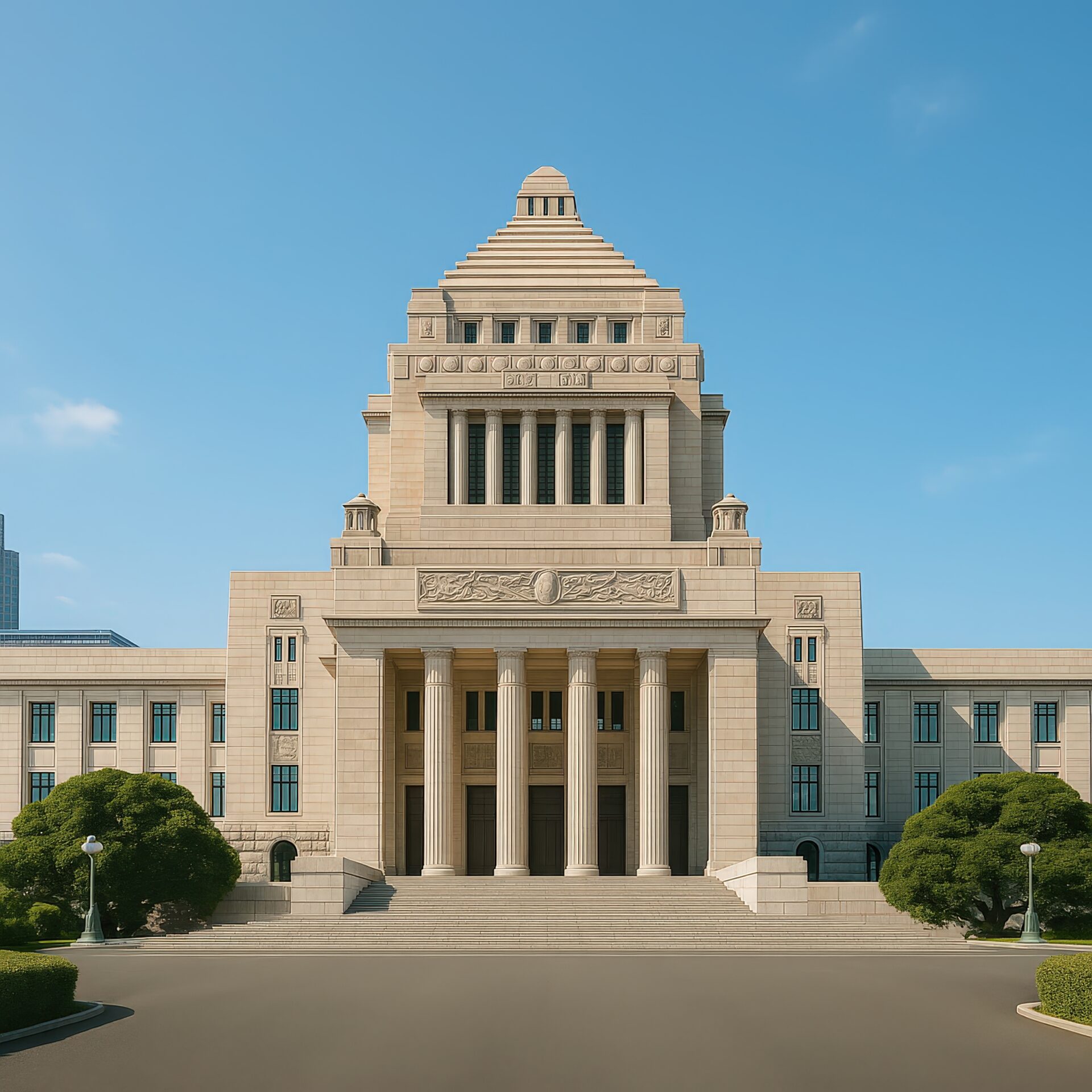 青空の下で見上げた日本の国会議事堂の外観