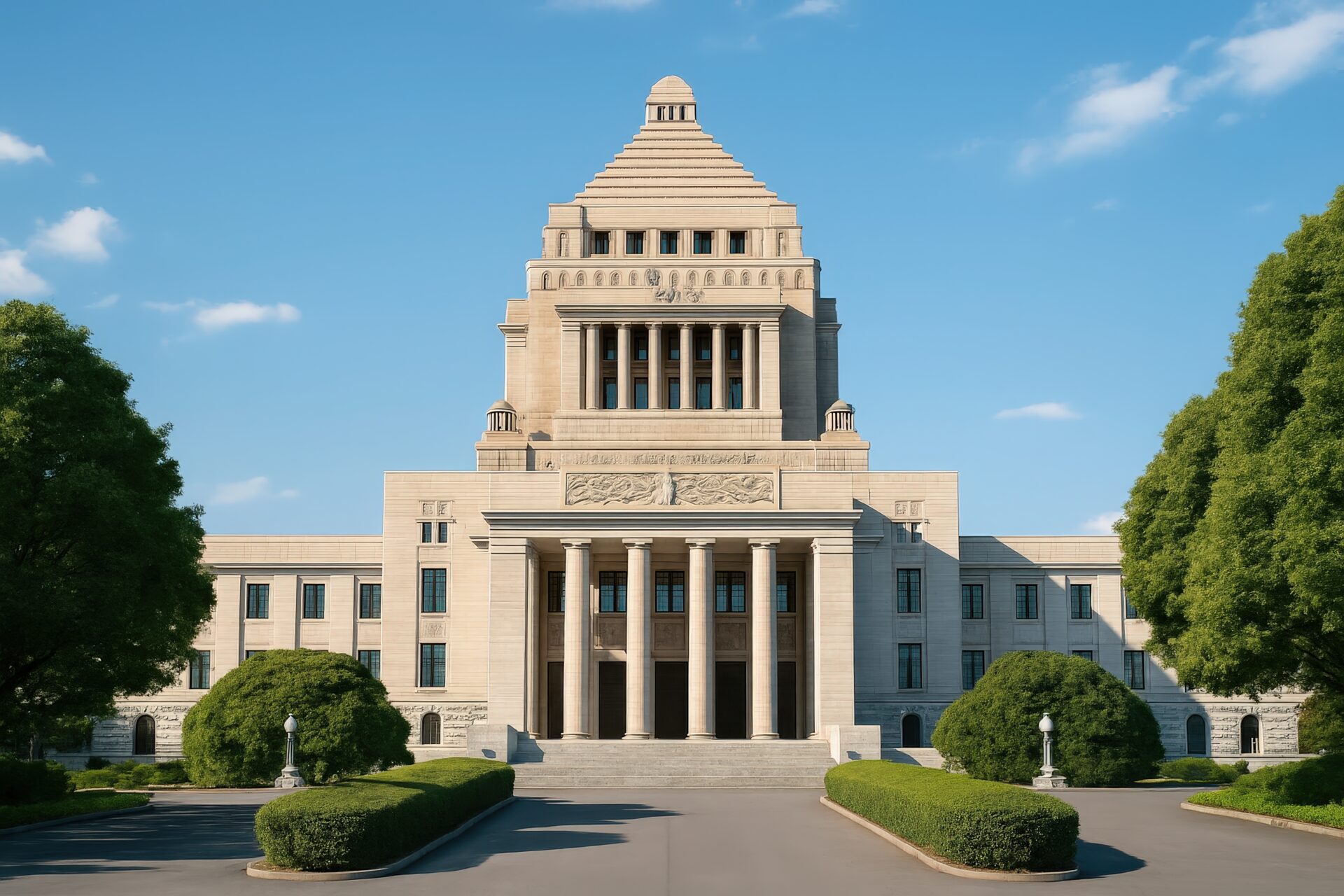 対称構図で捉えた日本の国会議事堂の全景