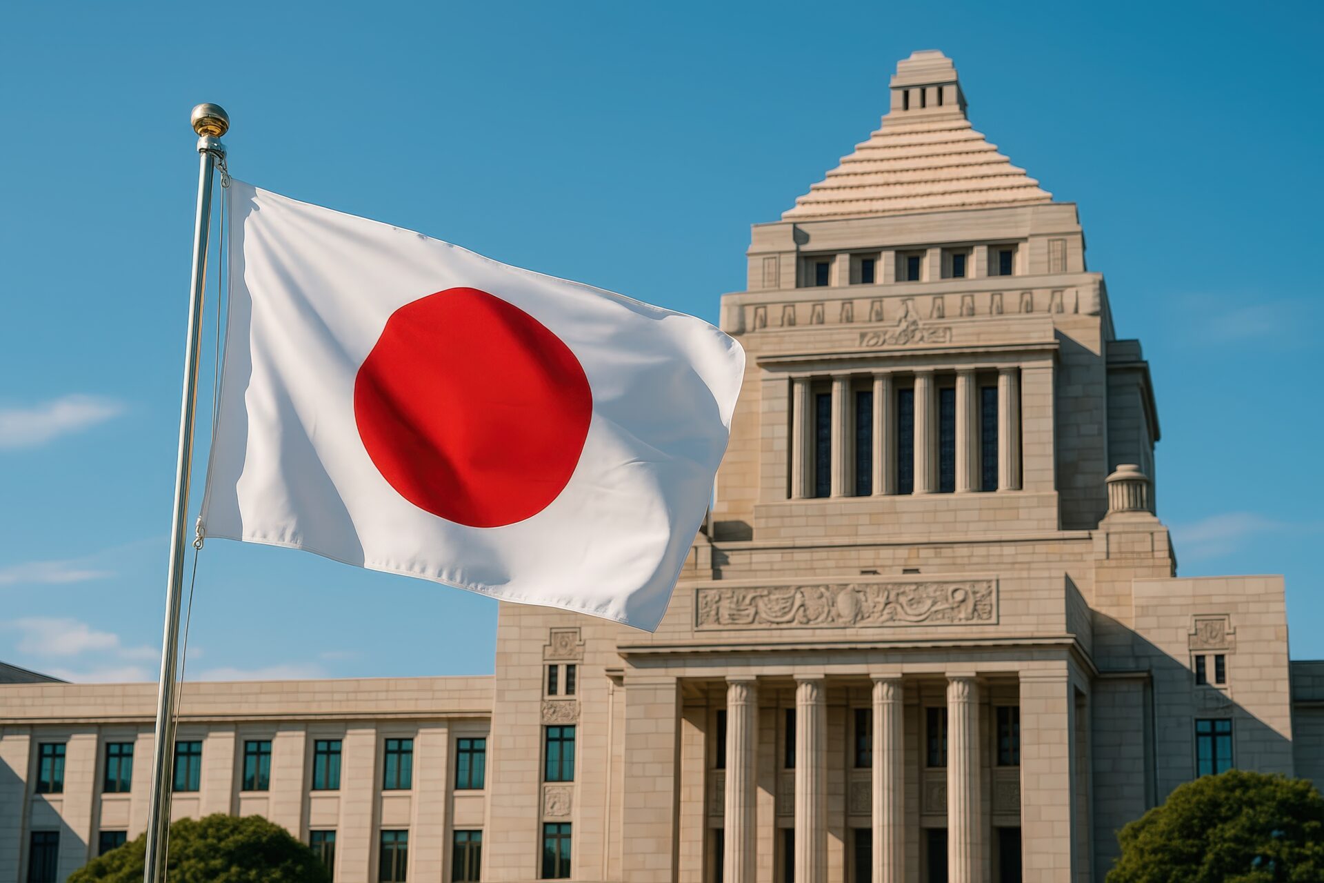 国旗が風になびく国会議事堂前の様子